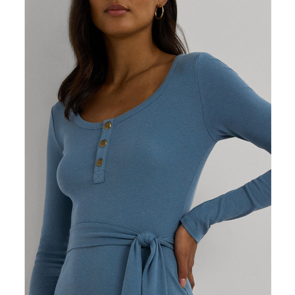 Lauren Ralph Lauren Women Belted Rib Knit Henley Dress Blue Dusk Size S - Picture 3 of 5